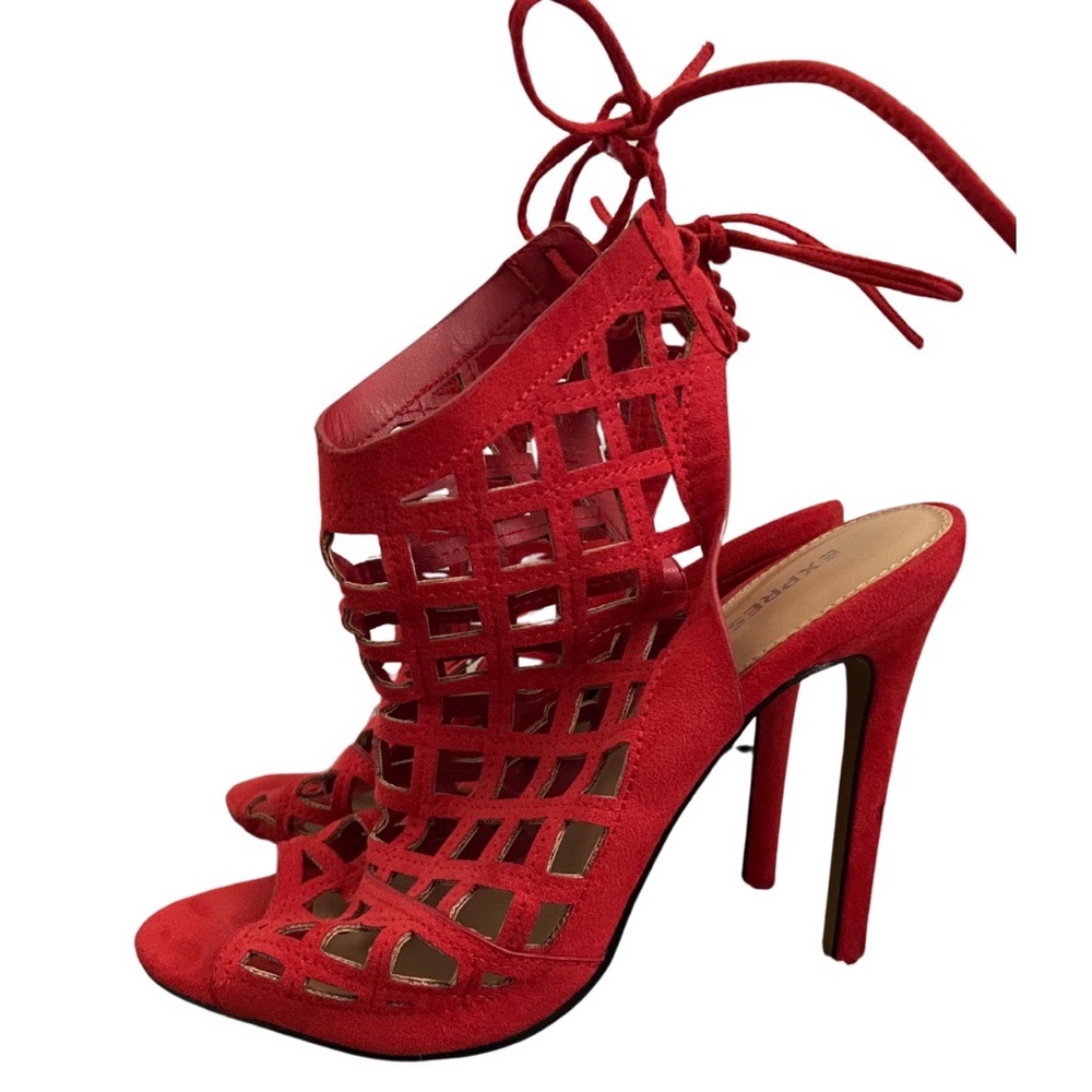 EXPRESS Lattice cutout peep toe faux suede booties - tie ankle, stiletto size 6